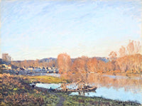 Autumn: Banks of the Seine near Bougival by Alfred Sisley: orange autumn trees along a still blue river under a pale sky