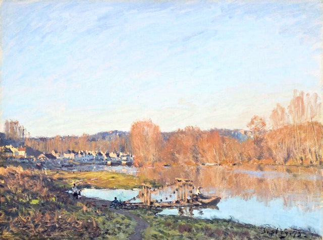 Autumn: Banks of the Seine near Bougival by Alfred Sisley: orange autumn trees along a still blue river under a pale sky