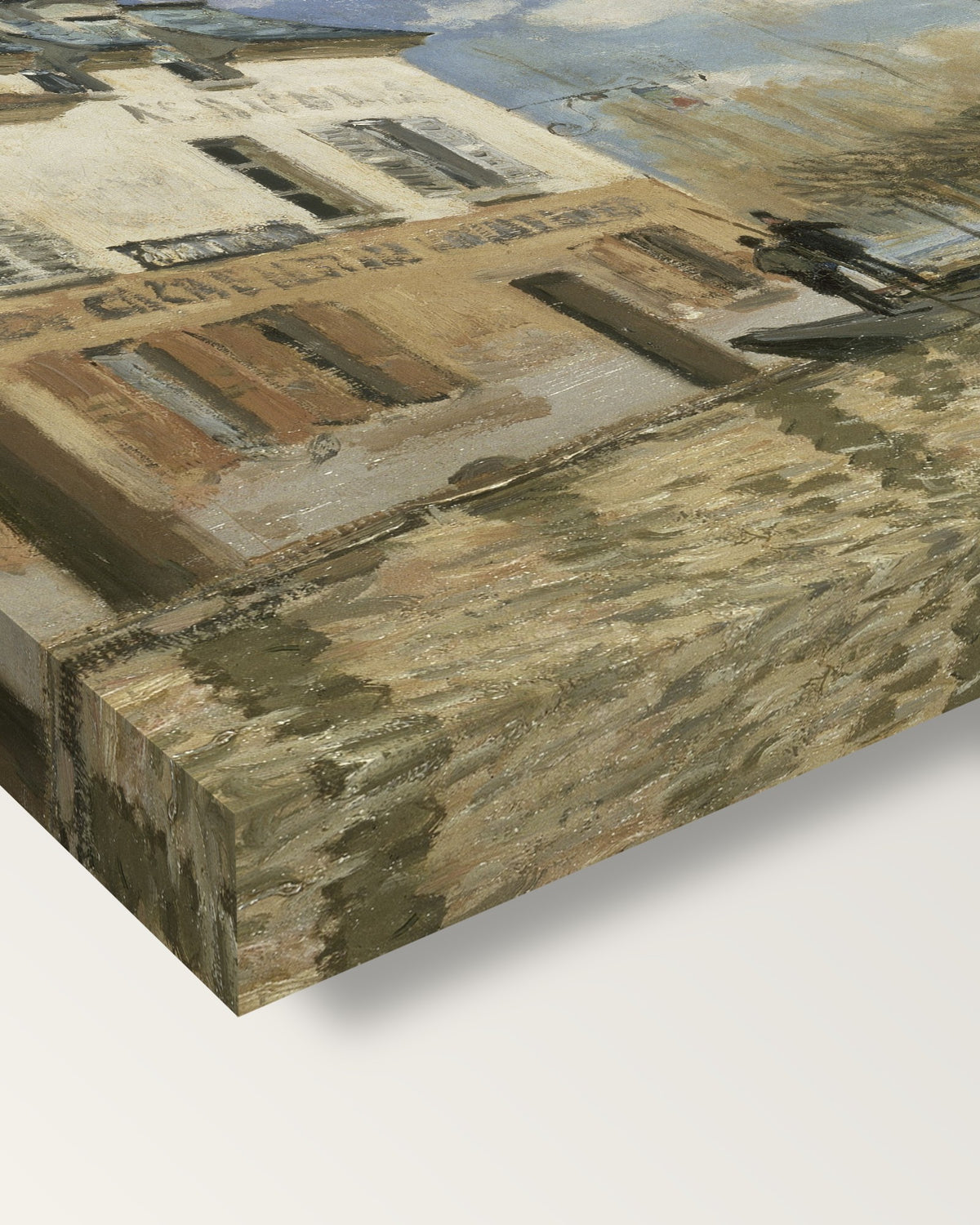 Boat in the Flood by Alfred Sisley on stretched canvas, corner close-up: the painting mirror-wrapped round the sides