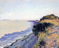 Bristol Channel, Evening by Sisley: a grassy cliff above a curving beach, with a calm violet and blue sea in evening light
