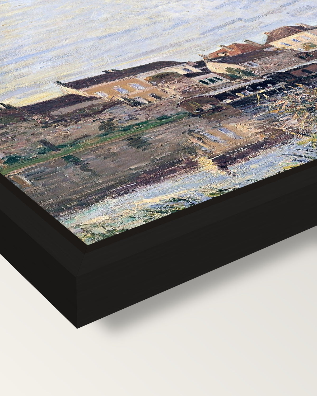 Evening in Moret by Alfred Sisley framed canvas, corner close-up: a black floating frame with a shadow gap round the canvas