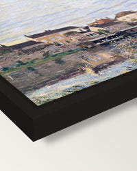 Evening in Moret by Alfred Sisley framed canvas, corner close-up: a black floating frame with a shadow gap round the canvas