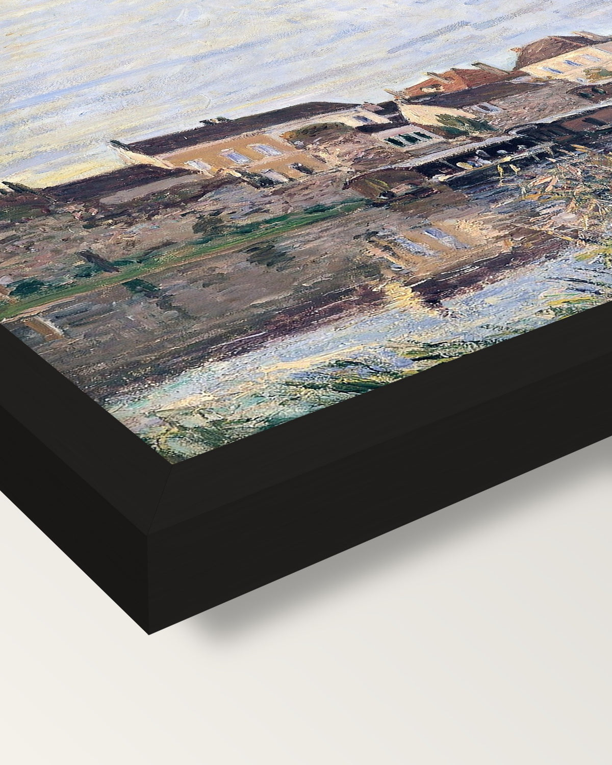 Evening in Moret by Alfred Sisley framed print, corner close-up: black moulding, mitred, the print set just below its edge