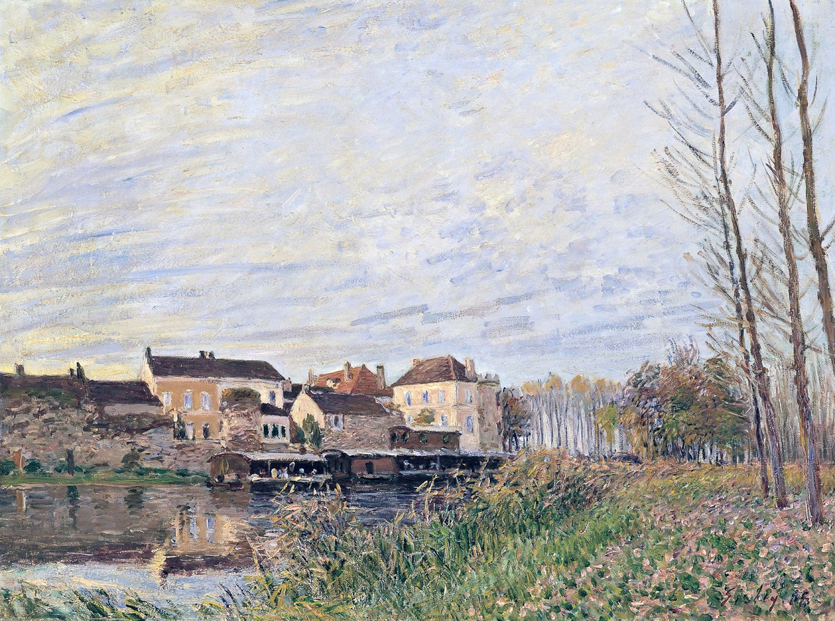Evening in Moret by Sisley: a pale violet and yellow sky over a river, bare trees, a laundry boat and town houses