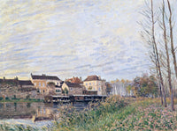 Evening in Moret by Sisley: a pale violet and yellow sky over a river, bare trees, a laundry boat and town houses