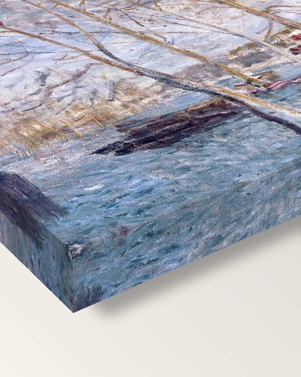 Flood at Moret by Alfred Sisley on stretched canvas, corner close-up: the painting mirror-wrapped round the sides