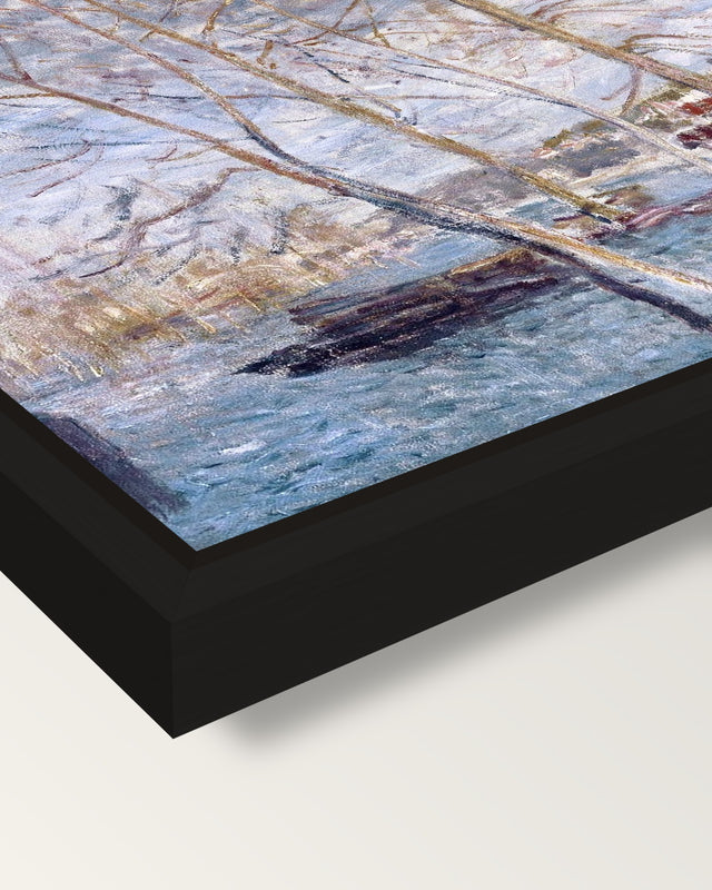 Flood at Moret by Alfred Sisley framed canvas, corner close-up: a black floating frame with a shadow gap round the canvas