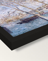 Flood at Moret by Alfred Sisley framed print, corner close-up: black moulding, mitred, the print set just below its edge