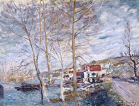 Flood at Moret by Sisley: tall bare trees standing in flood water before red-roofed buildings, a pale cloudy sky