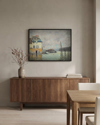 Flood at Port-Marly by Alfred Sisley in a black frame above a walnut sideboard in a dining room