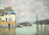 Flood at Port-Marly by Alfred Sisley: floodwater around a pink and white inn and a row of bare trees under a grey sky