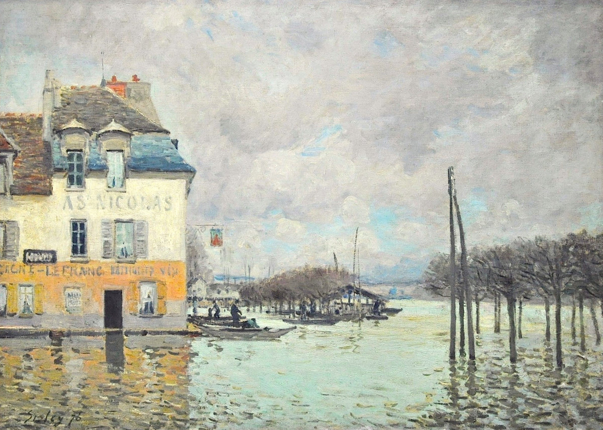 Flood at Port-Marly by Alfred Sisley: floodwater around a pink and white inn and a row of bare trees under a grey sky