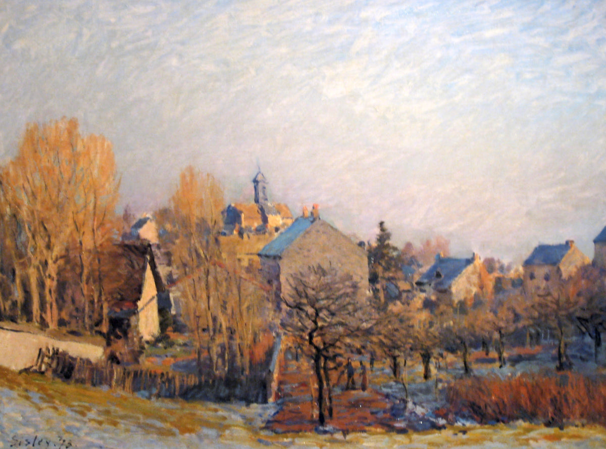 Frost in Louveciennes by Sisley: frosty fields and russet trees before a village and its church under a pale winter sky