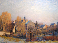 Frost in Louveciennes by Sisley: frosty fields and russet trees before a village and its church under a pale winter sky