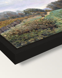 Landscape at Louveciennes by Sisley framed canvas, corner close-up: a black floating frame with a shadow gap round the canvas