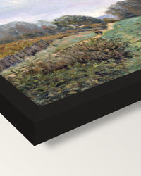 Landscape at Louveciennes by Sisley framed print, corner close-up: black moulding, mitred, the print set just below its edge