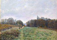 Landscape at Louveciennes by Sisley: a green path between russet autumn trees and a fence, under a wide lilac-grey sky