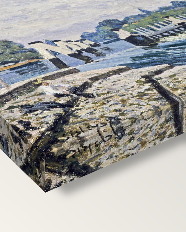 Molesey Weir by Alfred Sisley on stretched canvas, corner close-up: the painting mirror-wrapped round the sides
