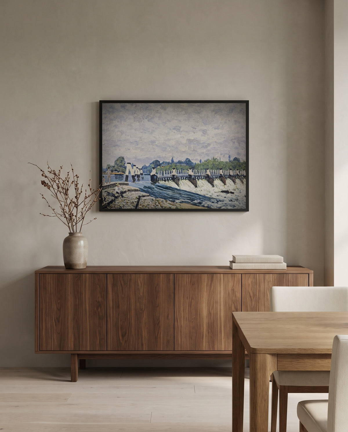 Molesey Weir by Alfred Sisley in a black frame above a walnut sideboard in a dining room