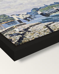 Molesey Weir by Alfred Sisley framed canvas, corner close-up: a black floating frame with a shadow gap round the canvas