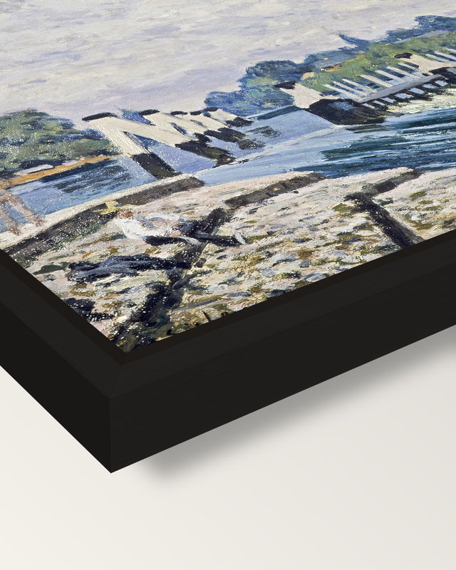 Molesey Weir by Alfred Sisley framed canvas, corner close-up: a black floating frame with a shadow gap round the canvas