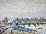 Molesey Weir by Sisley: white water rushing over a wooden weir on the Thames, trees and houses beyond, cloudy sky