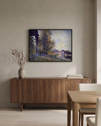 Near Moret-sur-Loing by Alfred Sisley in a black frame above a walnut sideboard in a dining room
