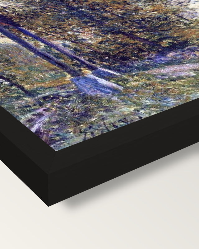 Near Moret-sur-Loing by Sisley framed print, corner close-up: black moulding, mitred, the print set just below its edge