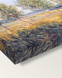 Poplars on a River Bank by Alfred Sisley on stretched canvas, corner close-up: the painting mirror-wrapped round the sides