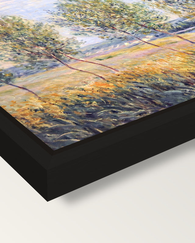 Poplars on a River Bank by Sisley framed canvas, corner close-up: a black floating frame with a shadow gap round the canvas