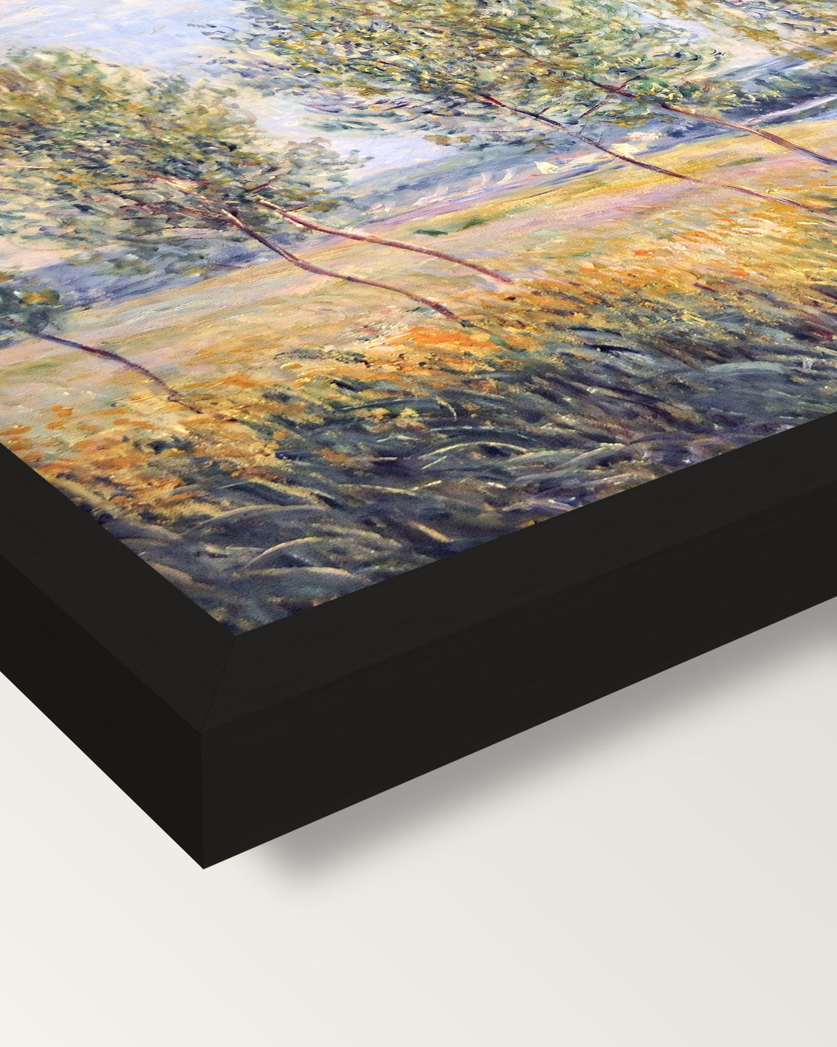 Poplars on a River Bank by Sisley framed print, corner close-up: black moulding, mitred, the print set just below its edge