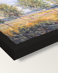 Poplars on a River Bank by Sisley framed print, corner close-up: black moulding, mitred, the print set just below its edge