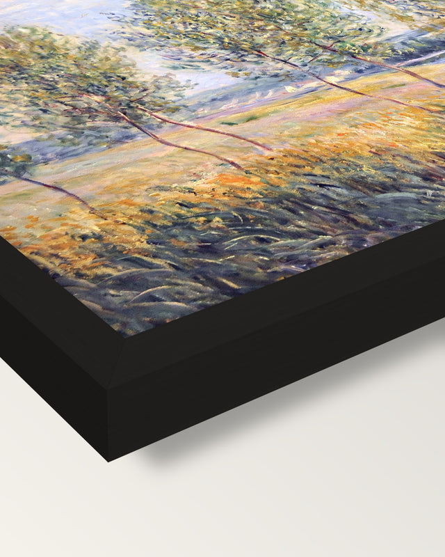 Poplars on a River Bank by Sisley framed print, corner close-up: black moulding, mitred, the print set just below its edge