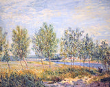 Poplars on a River Bank by Sisley: slender poplar trees along a sunny riverbank, soft green and gold, pale sky
