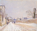 Rue Eugène Moussoir at Moret: Winter by Sisley: a snowy village street beside a wall, bare trees, small figures, pale sky