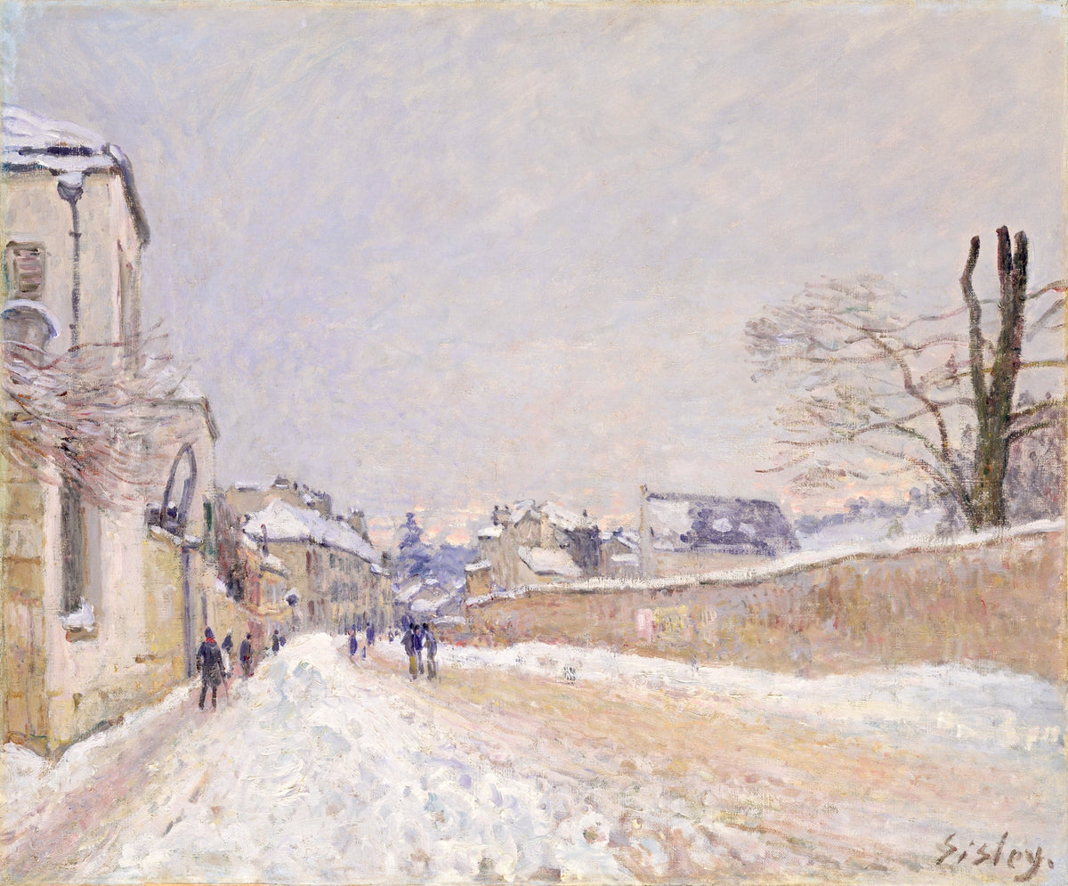 Rue Eugène Moussoir at Moret: Winter by Sisley: a snowy village street beside a wall, bare trees, small figures, pale sky