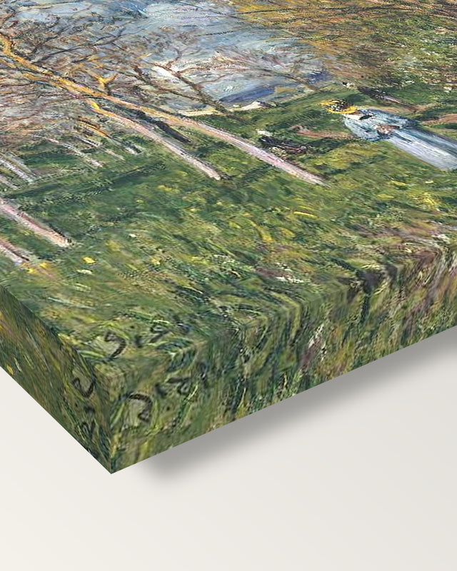 Small Meadows in Spring by Alfred Sisley on stretched canvas, corner close-up: the painting mirror-wrapped round the sides