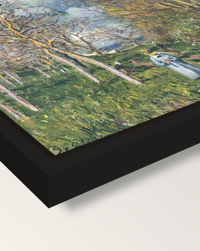 Small Meadows in Spring by Sisley framed canvas, corner close-up: a black floating frame with a shadow gap round the canvas