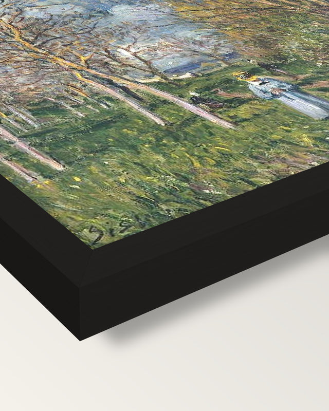 Small Meadows in Spring by Sisley framed print, corner close-up: black moulding, mitred, the print set just below its edge