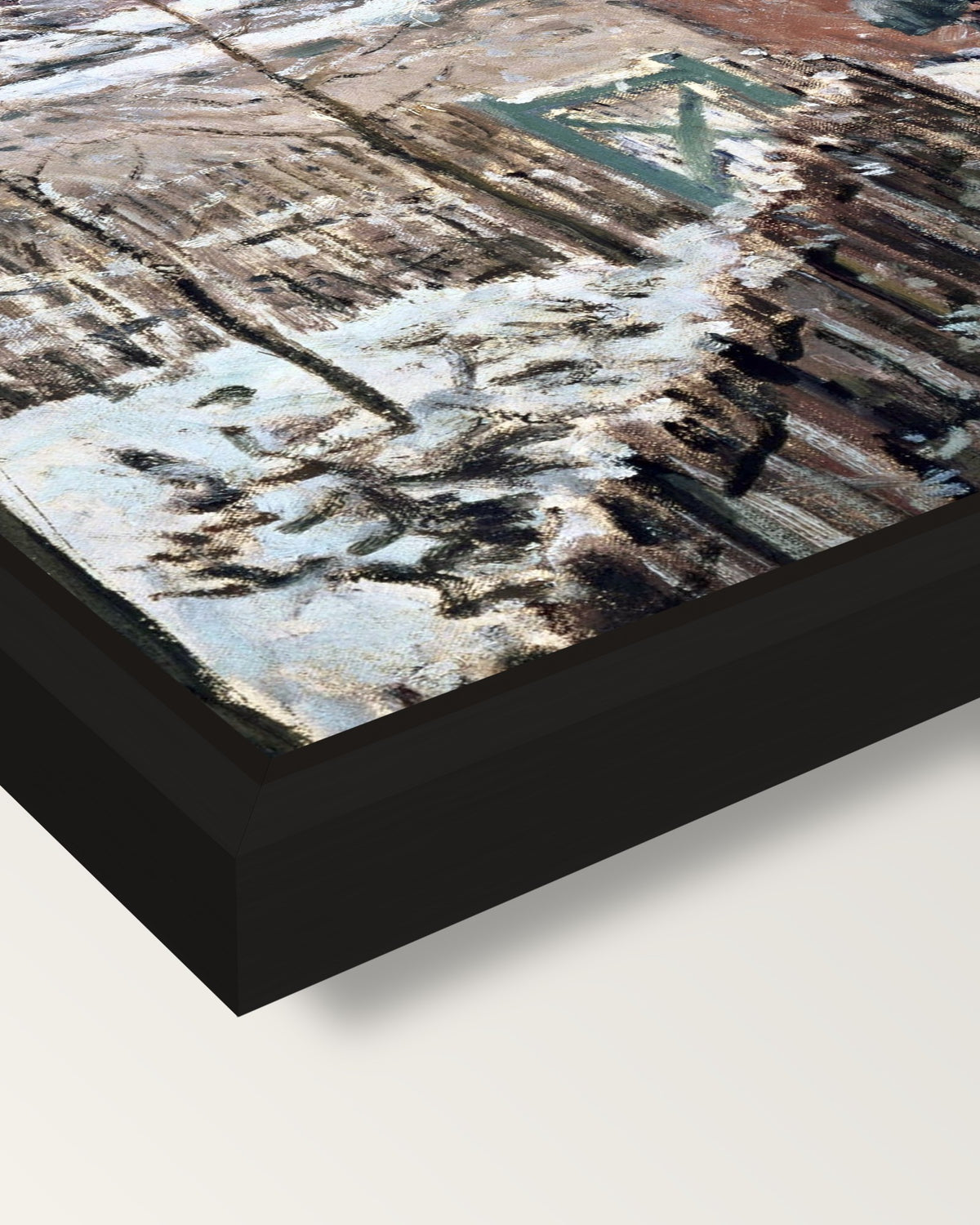 Snow at Louveciennes by Sisley framed canvas, corner close-up: a black floating frame with a shadow gap round the canvas