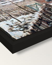 Snow at Louveciennes by Sisley framed canvas, corner close-up: a black floating frame with a shadow gap round the canvas