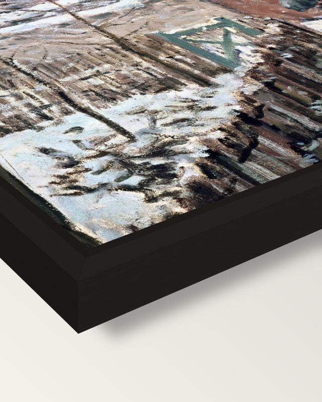 Snow at Louveciennes by Sisley framed canvas, corner close-up: a black floating frame with a shadow gap round the canvas