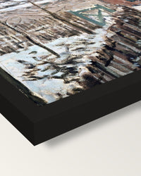 Snow at Louveciennes by Sisley framed print, corner close-up: black moulding, mitred, the print set just below its edge