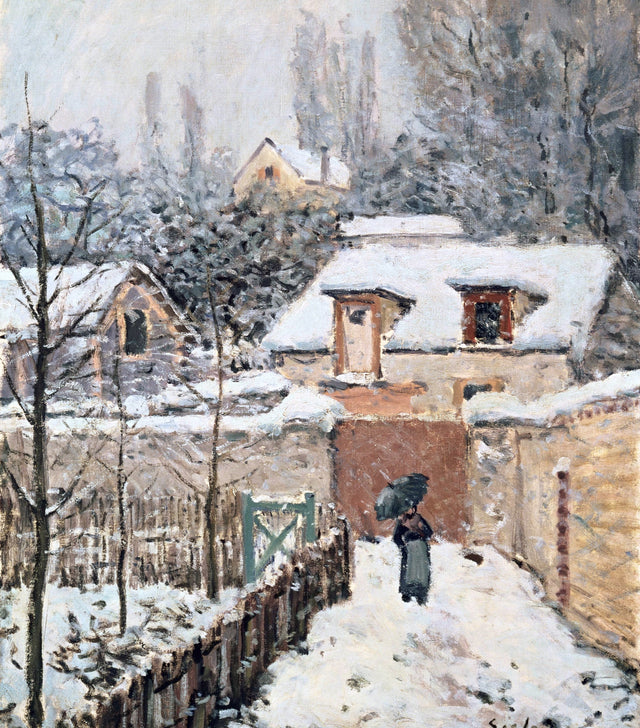 Snow at Louveciennes by Sisley: a snowy lane between garden walls, a woman walking, a house and bare trees
