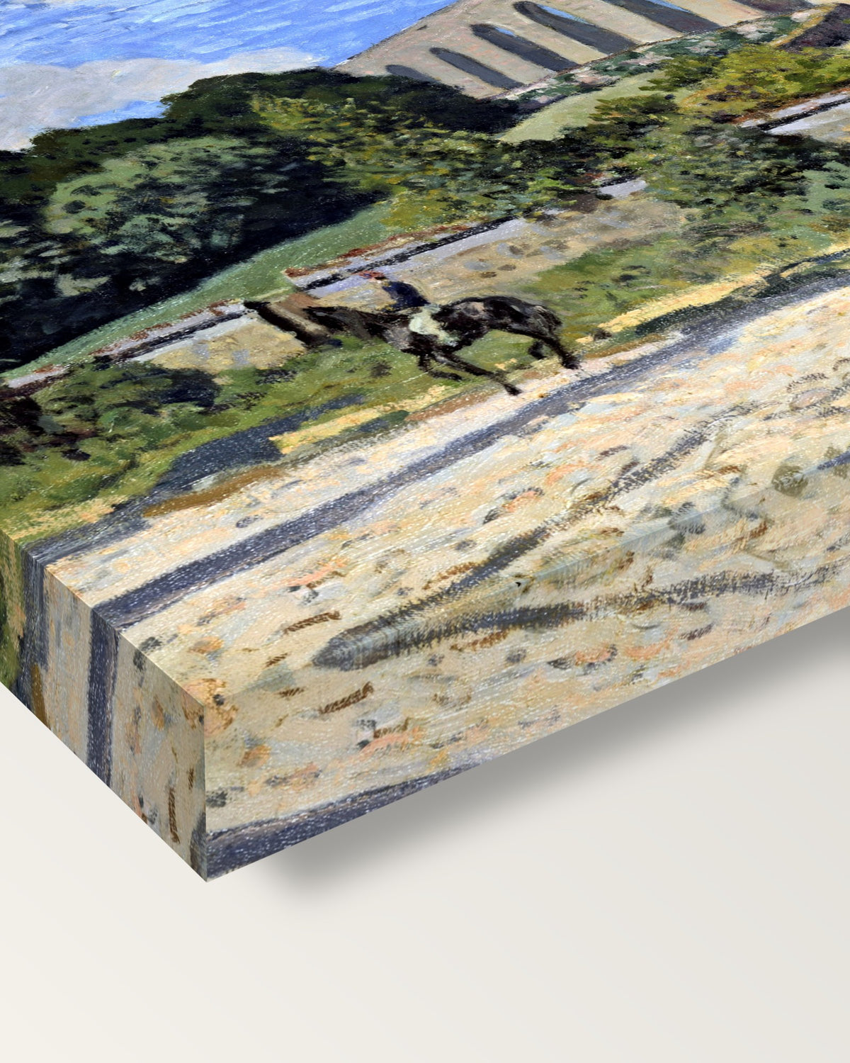 The Aqueduct at Marly by Alfred Sisley on stretched canvas, corner close-up: the painting mirror-wrapped round the sides