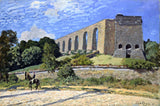 The Aqueduct at Marly by Sisley: a long stone aqueduct of arches on a green hill above a sunlit road with a rider