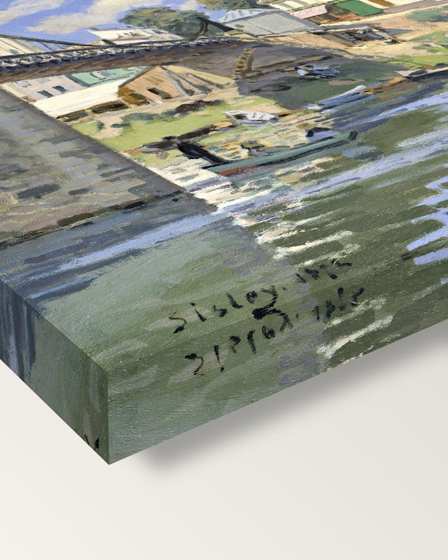 Bridge at Villeneuve by Alfred Sisley on stretched canvas, corner close-up: the painting mirror-wrapped round the sides