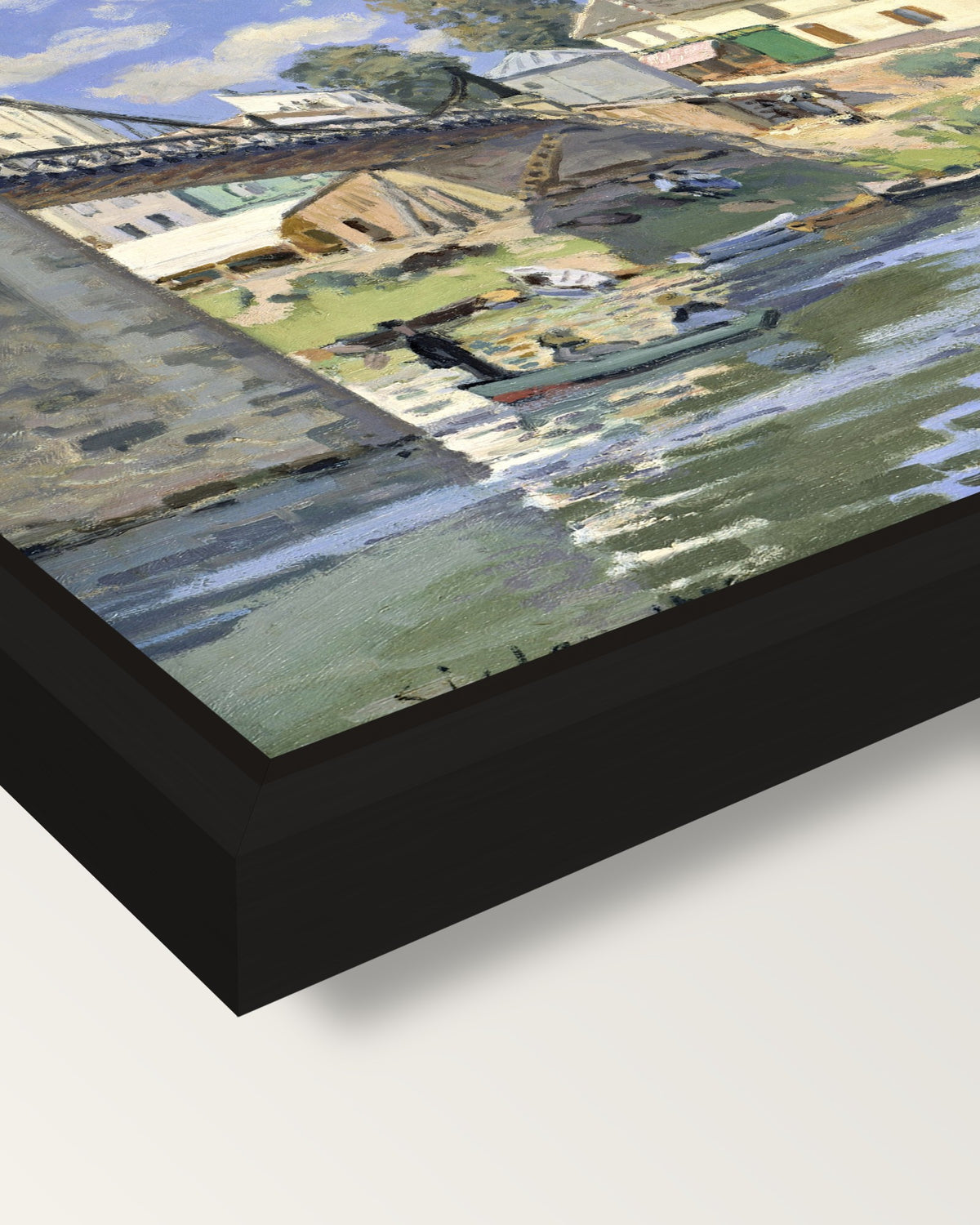 Bridge at Villeneuve by Sisley framed canvas, corner close-up: a black floating frame with a shadow gap round the canvas