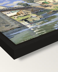 Bridge at Villeneuve by Sisley framed canvas, corner close-up: a black floating frame with a shadow gap round the canvas