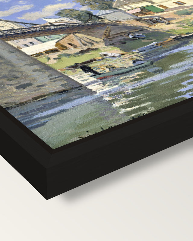 Bridge at Villeneuve by Sisley framed canvas, corner close-up: a black floating frame with a shadow gap round the canvas